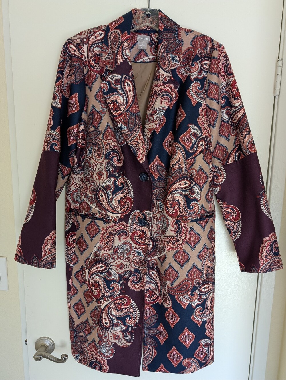 Chico's Paisley Print Long Sleeve Women's Dress Coat 2- 12/14 Burgundy/Navy Art